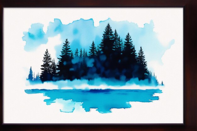 Une peinture à l'aquarelle d'un lac avec un ciel bleu et les mots "le lac" en bas.