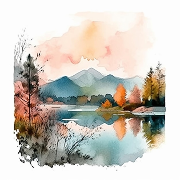Peinture à l'aquarelle d'un lac avec des montagnes en arrière-plan.