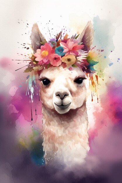 Une peinture à l'aquarelle d'un lama avec une couronne florale.