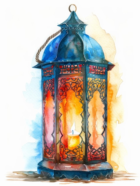 Photo une peinture à l'aquarelle d'une lanterne avec une bougie allumée dessin de carte de vœux magique du ramadan