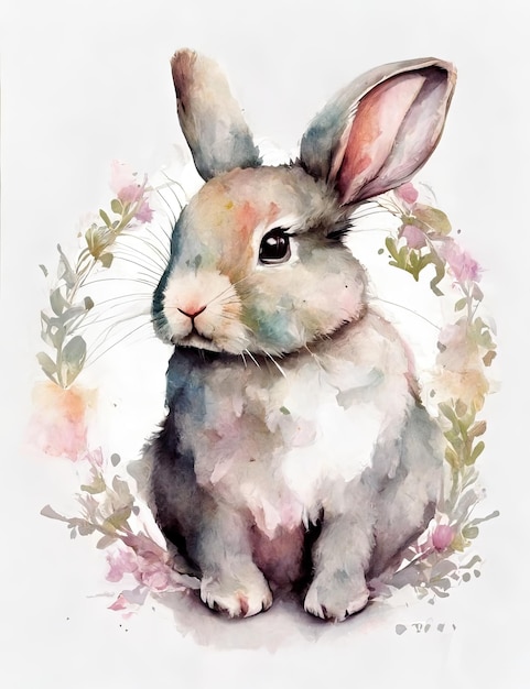 une peinture à l'aquarelle d'un lapin dans un cadre floral