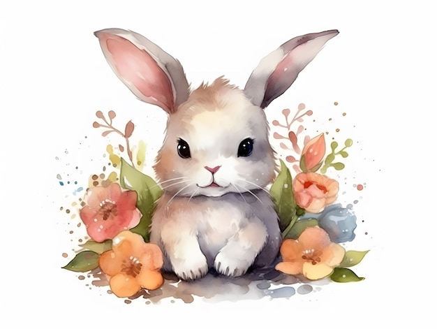 Une peinture à l'aquarelle d'un lapin avec des fleurs.