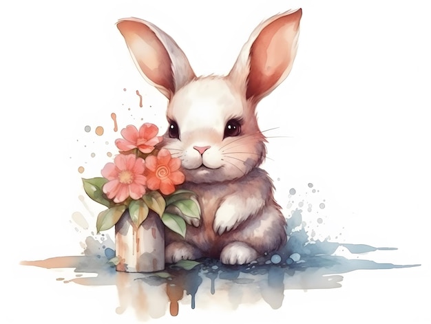 Une peinture à l'aquarelle d'un lapin avec des fleurs.