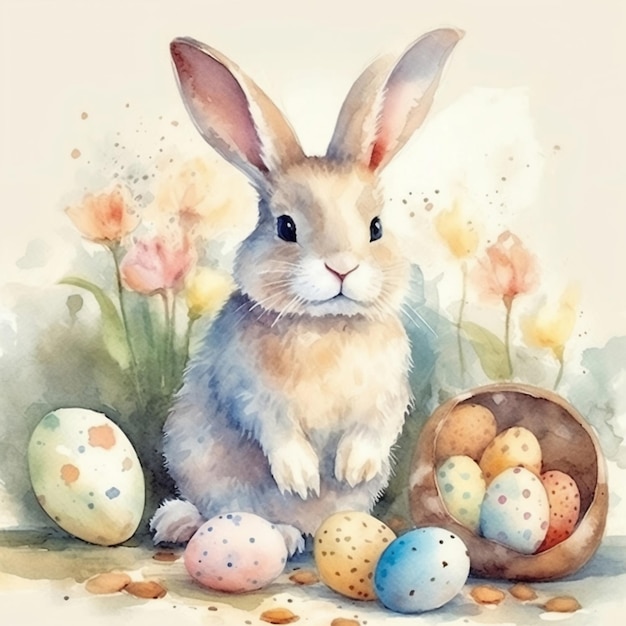 Une peinture à l'aquarelle d'un lapin avec des oeufs de Pâques.