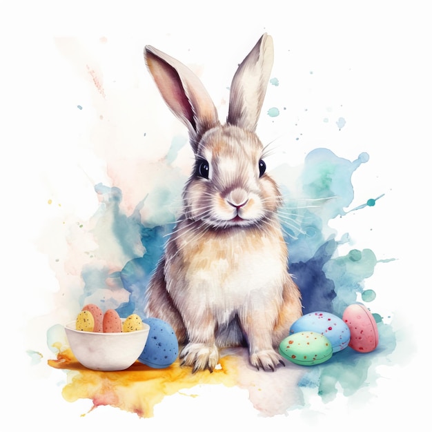 Une peinture à l'aquarelle d'un lapin et d'oeufs