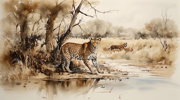 Une peinture à l'aquarelle d'un léopard et d'un point d'eau