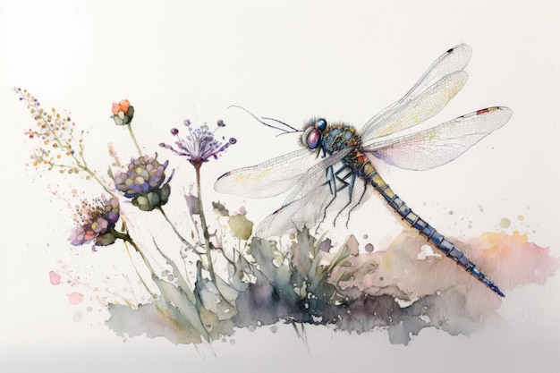 Peinture à l'aquarelle d'une libellule sur une fleur