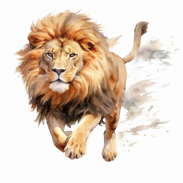 Une peinture à l'aquarelle d'un lion avec un fond blanc.