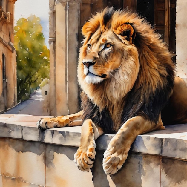 Peinture à l'aquarelle d'un lion reposant sur un rebord