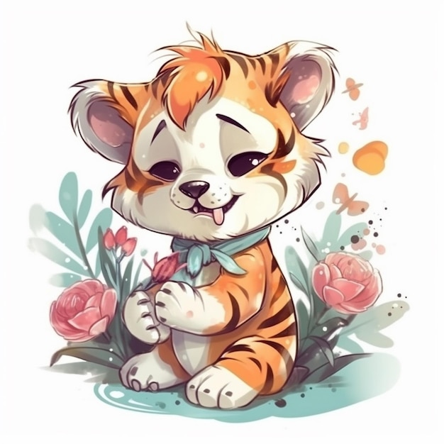 Peinture à l'aquarelle de Little Tiger Chibi