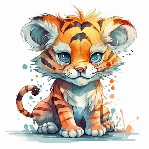 Peinture à l'aquarelle de Little Tiger Chibi