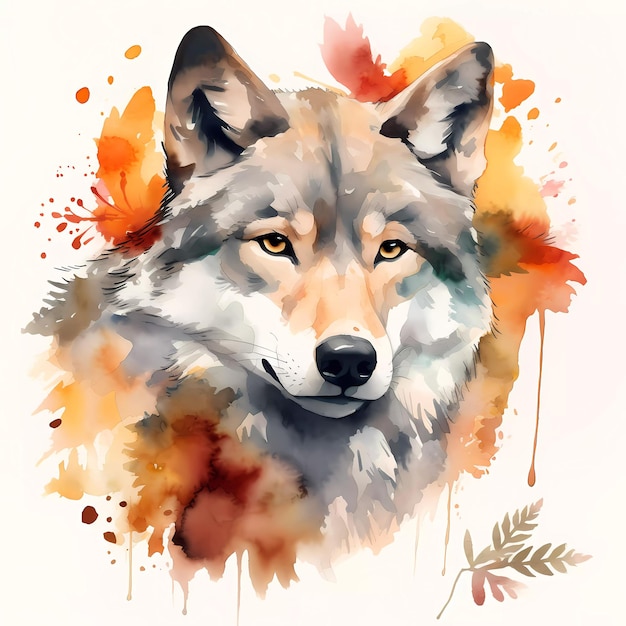 Une peinture à l'aquarelle d'un loup avec une tête brune et des yeux jaunes.