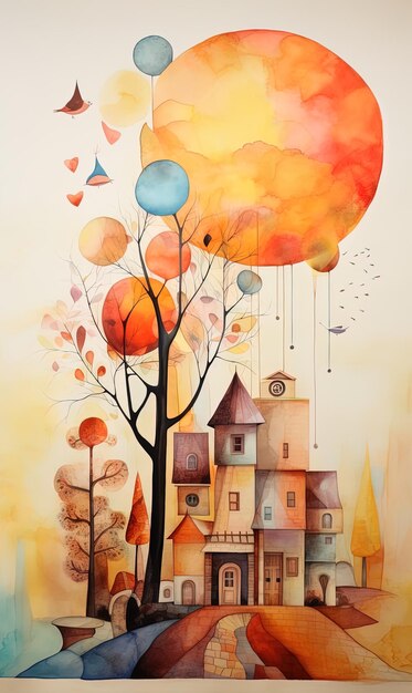 une peinture à l'aquarelle d'une maison avec un arbre en arrière-plan