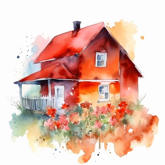 Peinture à l'aquarelle d'une maison au toit rouge et fleurs
