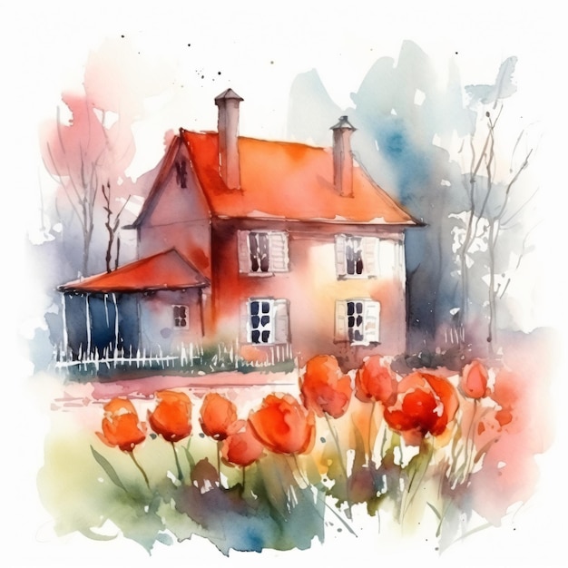 Peinture à l'aquarelle d'une maison au toit rouge et fleurs