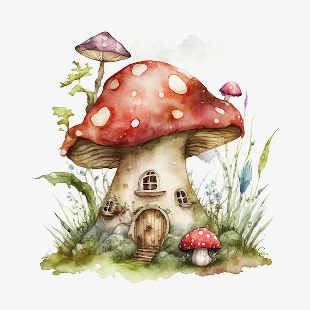 Une peinture à l'aquarelle d'une maison aux champignons