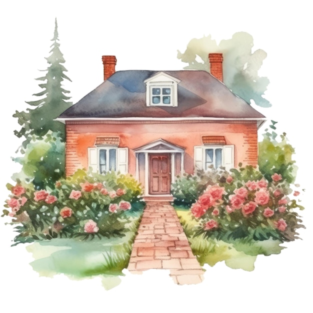 Peinture à l'aquarelle d'une maison en brique avec une allée de jardin et des roses.