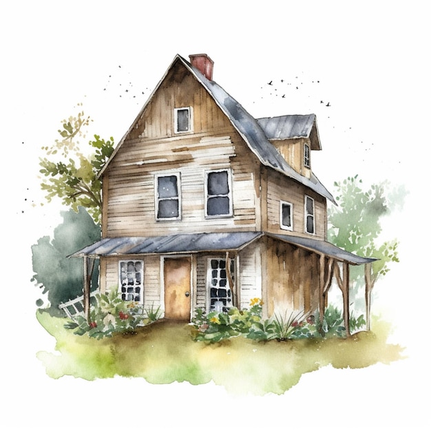 Peinture à l'aquarelle d'une maison à la campagne