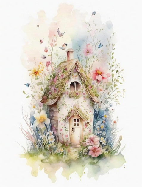 Une peinture à l'aquarelle d'une maison de fées avec des fleurs et des papillons.