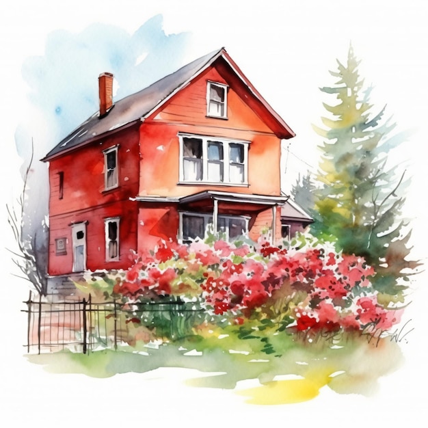 Peinture à l'aquarelle d'une maison avec des fleurs