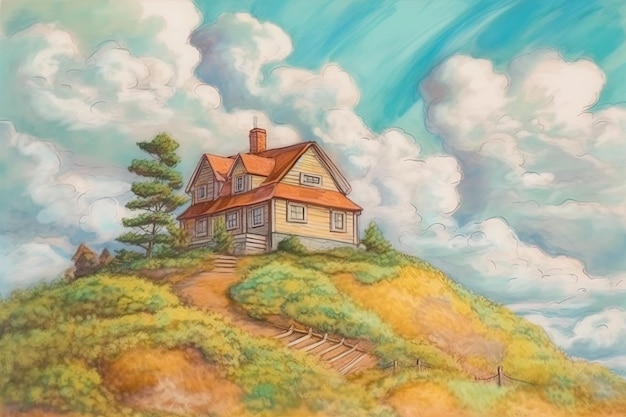 peinture à l'aquarelle maison sur le terrain avec des fleurs et des arbres Dessin au crayon avec un style enfantin