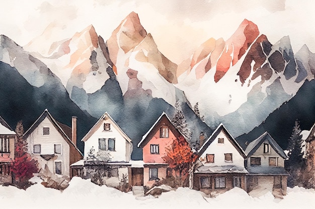 Peinture à l'aquarelle de maisons enneigées au pied des montagnes Generative AI Generative AI