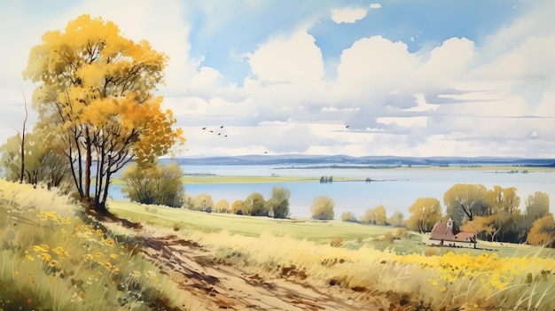 Peinture à l'aquarelle d'un majestueux paysage d'été avec un champ et un lac