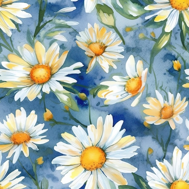 Une peinture à l'aquarelle d'une marguerite blanche sur fond bleu.