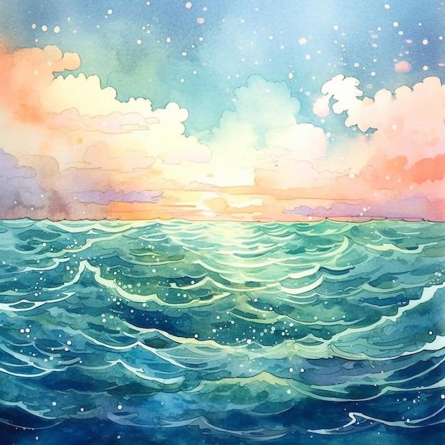 Peinture à l'aquarelle d'une mer avec un coucher de soleil et des nuages
