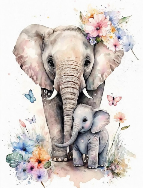 Une peinture à l'aquarelle d'une mère et d'un bébé éléphant.