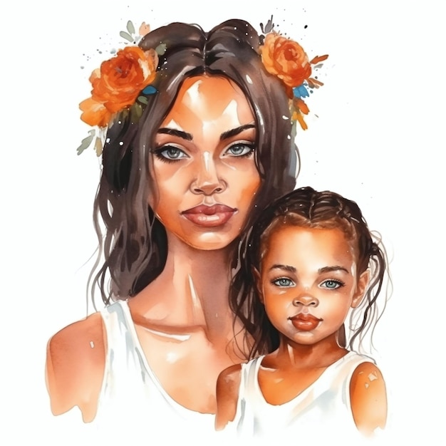 Peinture à l'aquarelle d'une mère et sa fille