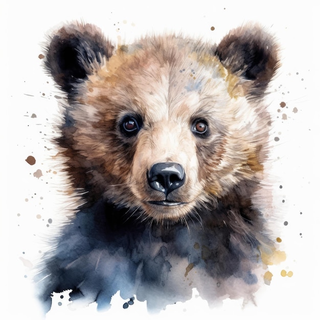 Peinture à l'aquarelle d'un mignon bébé ours sur fond blanc Illustration générée par Al