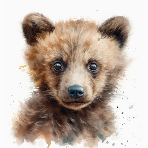 Peinture à l'aquarelle d'un mignon bébé ours sur fond blanc Illustration générée par Al