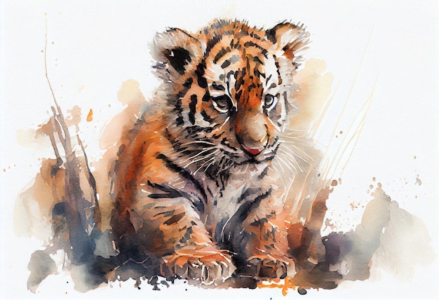 Peinture à l'aquarelle d'un mignon bébé tigre Generative AI