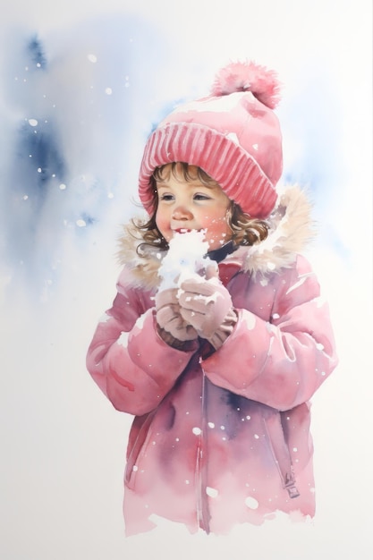 Peinture à l'aquarelle d'un mignon petit enfant soufflant de la poussière de neige