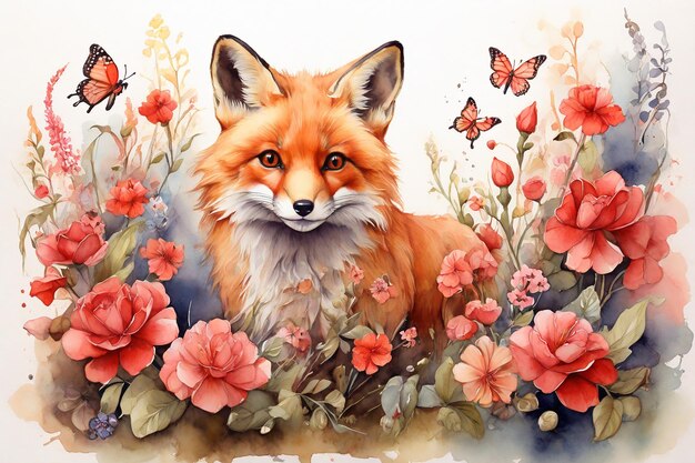 Peinture à l'aquarelle d'un mignon renard rouge avec des fleurs et des papillons