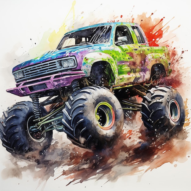 Photo une peinture à l'aquarelle de monster truck