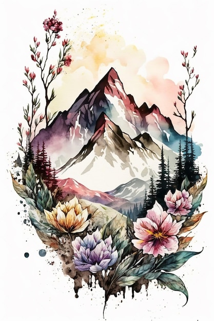 Peinture à l'aquarelle de montagnes et de fleurs avec un paysage de montagne en arrière-plan