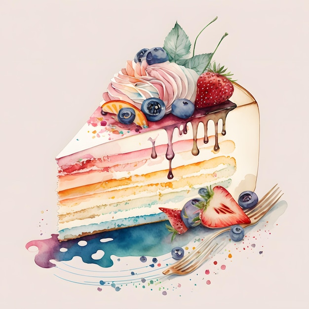 Une peinture à l'aquarelle d'un morceau de gâteau avec une fraise sur le dessus.