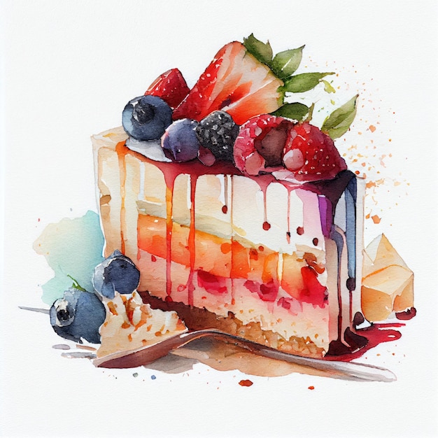 Une peinture à l'aquarelle d'un morceau de gâteau avec des fruits dessus.