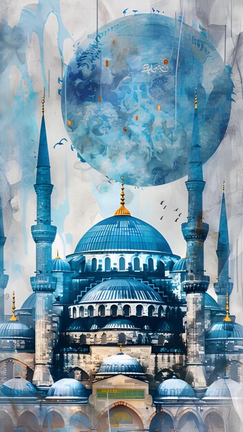 Photo peinture à l'aquarelle de la mosquée dessin d'illustration