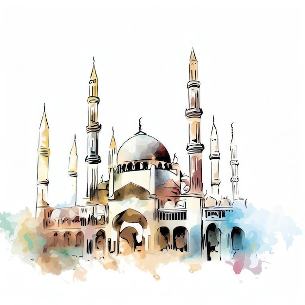 Peinture à l'aquarelle d'une mosquée avec un dôme bleu et le mot dessus