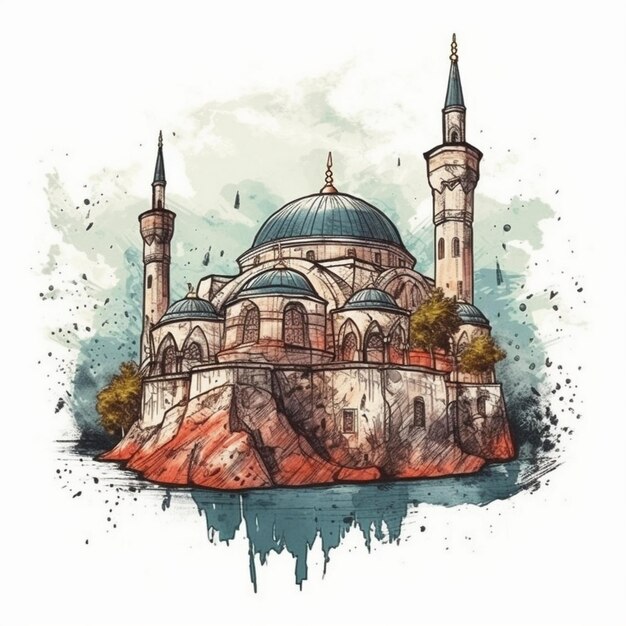 Peinture à l'aquarelle d'une mosquée majestueuse