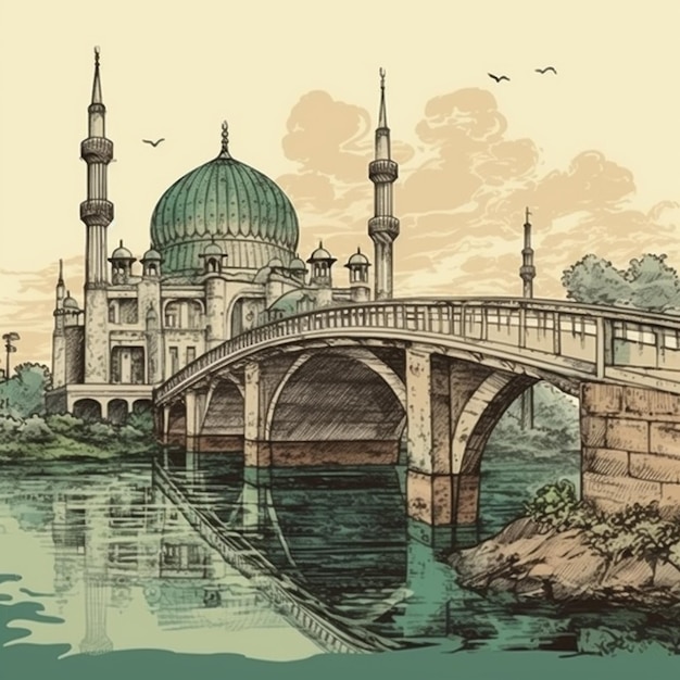 Peinture à l'aquarelle d'une mosquée majestueuse