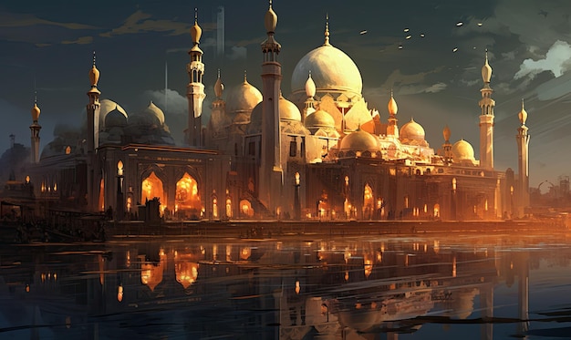 Une peinture à l'aquarelle d'une mosquée avec un reflet d'une Mosquée dans l'eau.