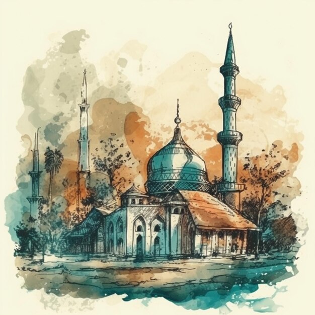 Peinture à l'aquarelle d'une mosquée spéciale