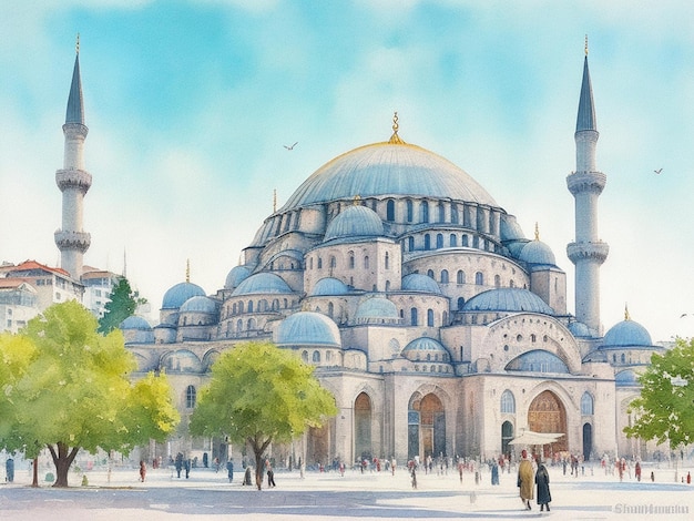 Peinture à l'aquarelle de la mosquée Suleymaniye effet photo d'esquisse Istanbul Turquie