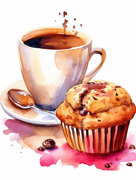 Peinture à l'aquarelle d'un muffin et d'une tasse de café