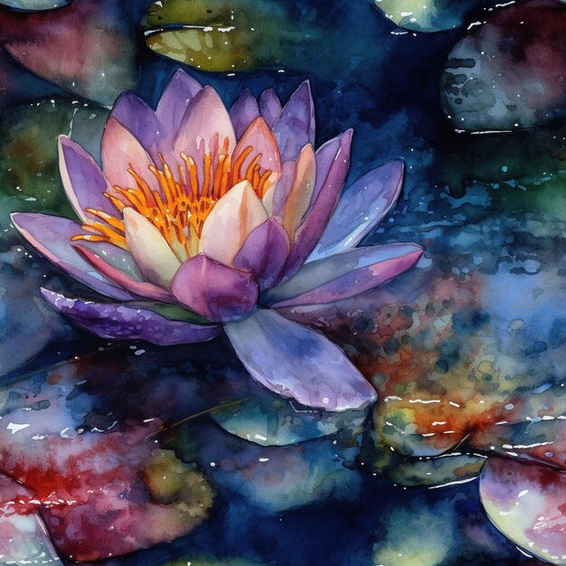 Peinture à l'aquarelle d'un nénuphar avec une fleur violette.