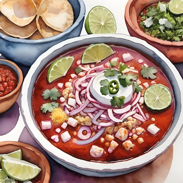 Peinture à l'aquarelle de la nourriture mexicaine pozole